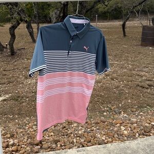 Puma Golf Polo Shirt Striped Blue Pink Short Sleeve